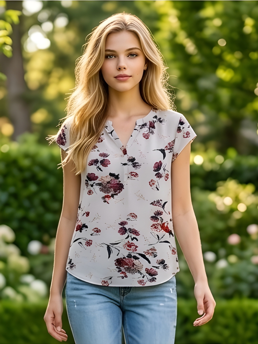 Fun 2 Fun Cream & Pink Floral Blouse Size Large